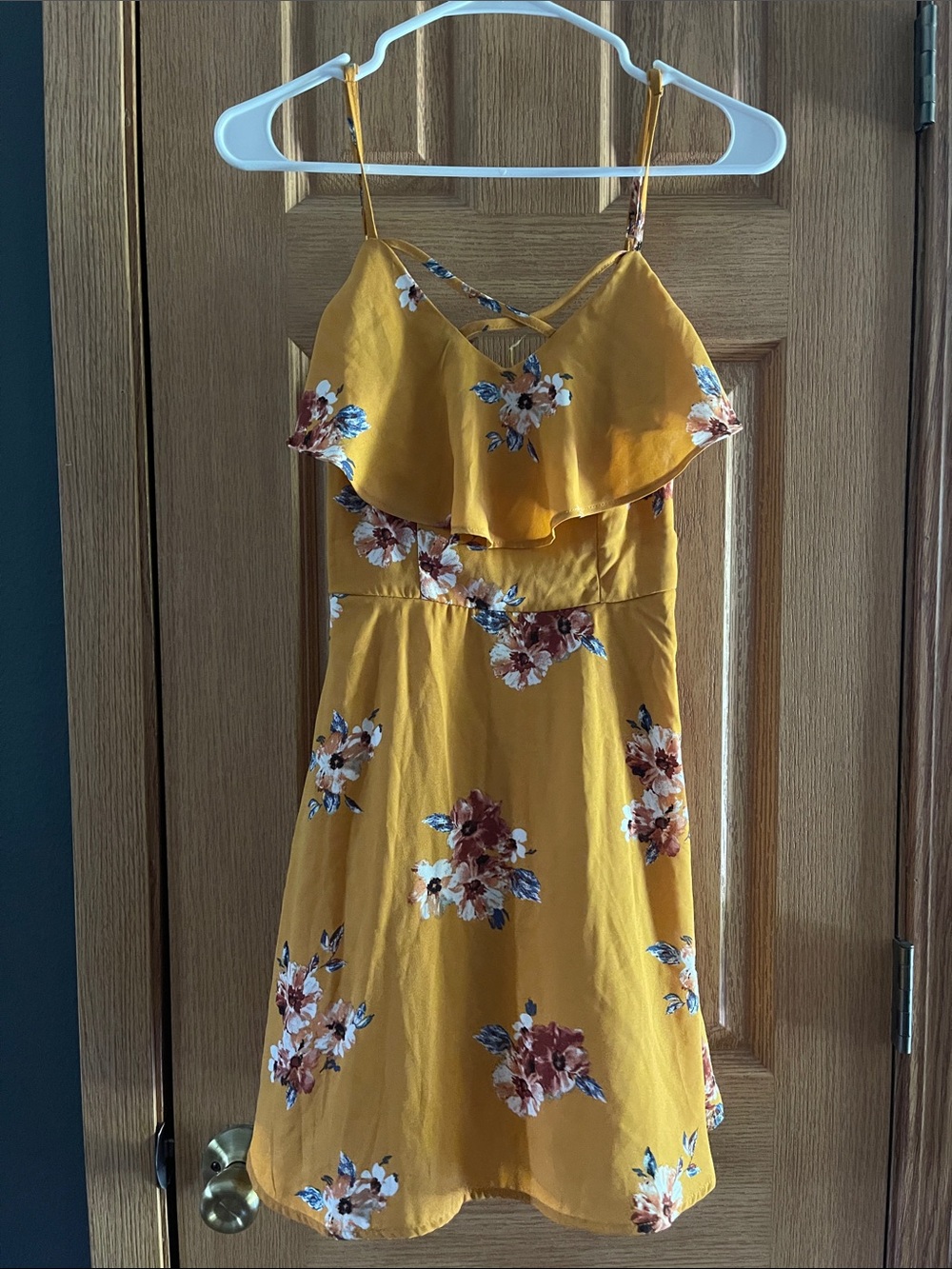 Women's Mustard Floral Midi Sundress with Ruffle Bodice